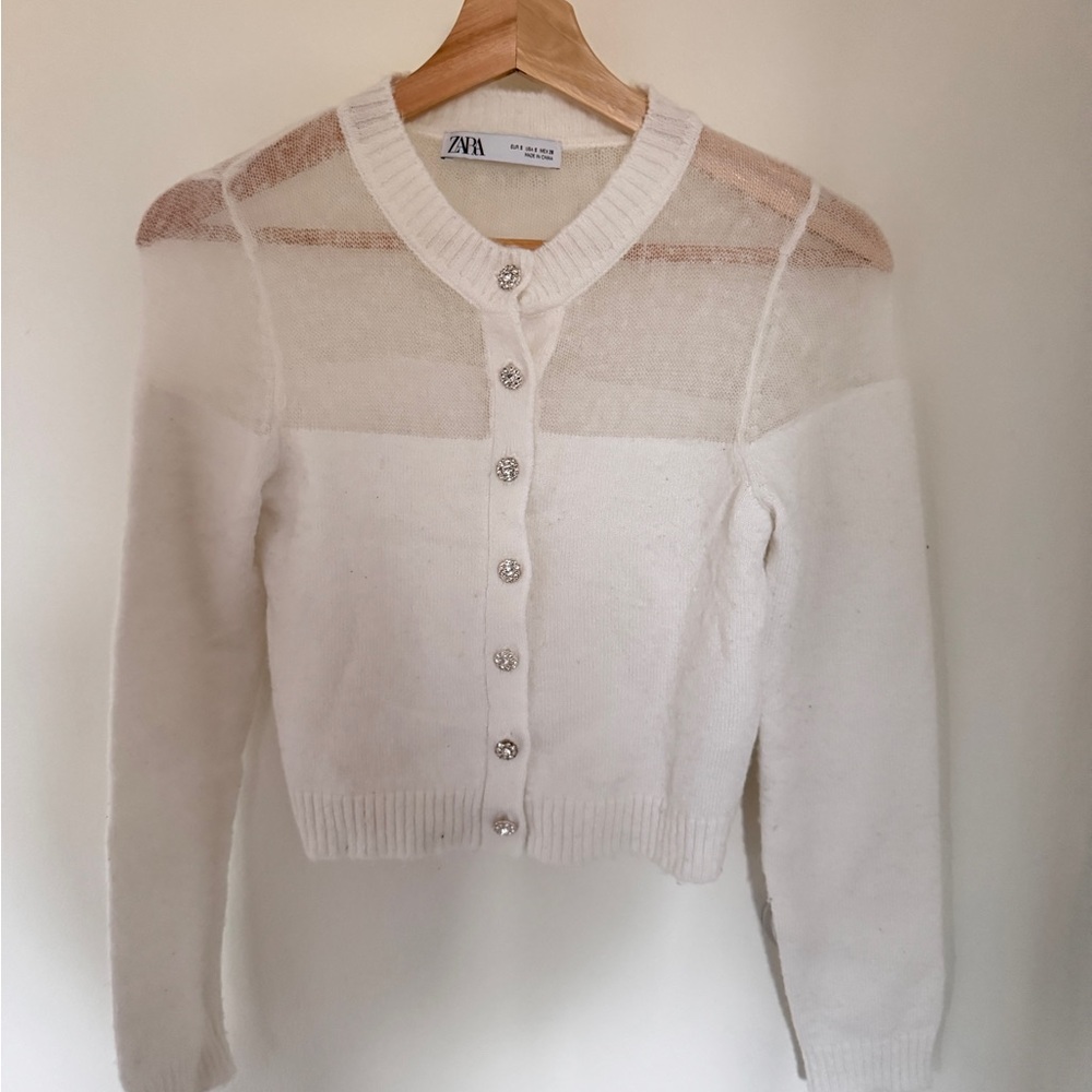 Zara Cream White Sheer Yoke Button Cardigan